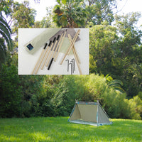 S.R. Lean To Tent on the grass with images of the tent components in frame.